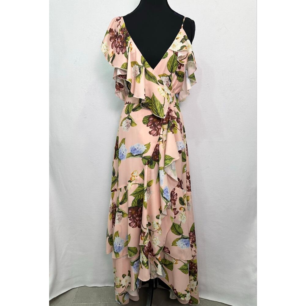 L’Atiste by Amy Pink Floral Ruffle High Low Maxi Dress Size Small Garden Party